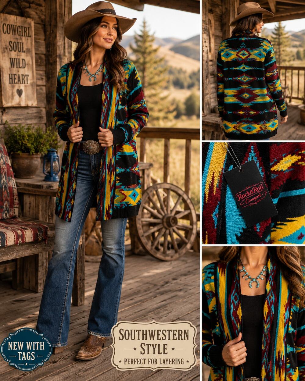 Rock & Roll Cowgirl NWT M Southwestern Aztec Open Front Cardigan Sweater